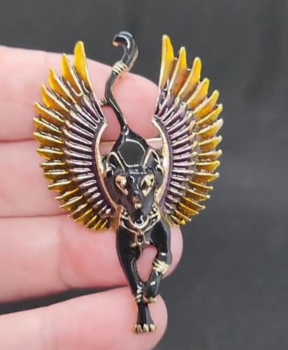 Egyptian Cat with Wings Brooch Black & Gold Enamel